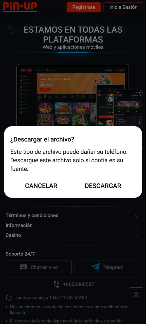 Acepta la descarga del archivo APK de Pin-Up en tu teléfono.