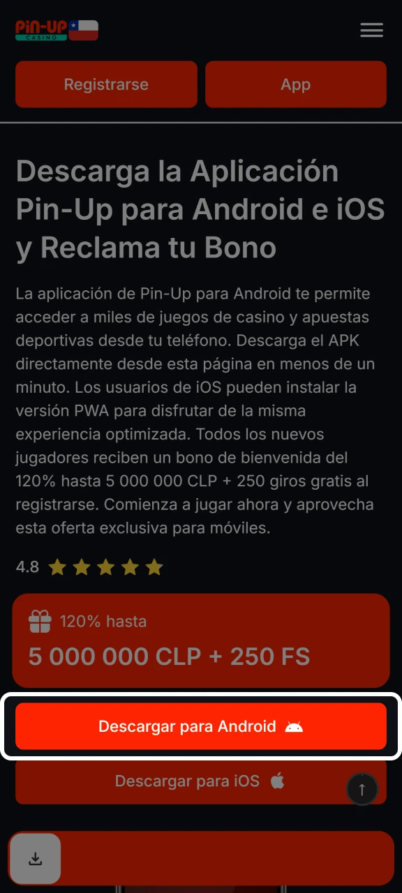 Haga clic en el botón Descargar para Android para obtener la aplicación Pin-Up.