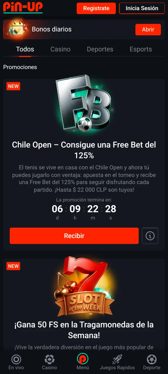 Echa un vistazo a los bonos disponibles en la aplicación oficial de Pin-Up en Chile.