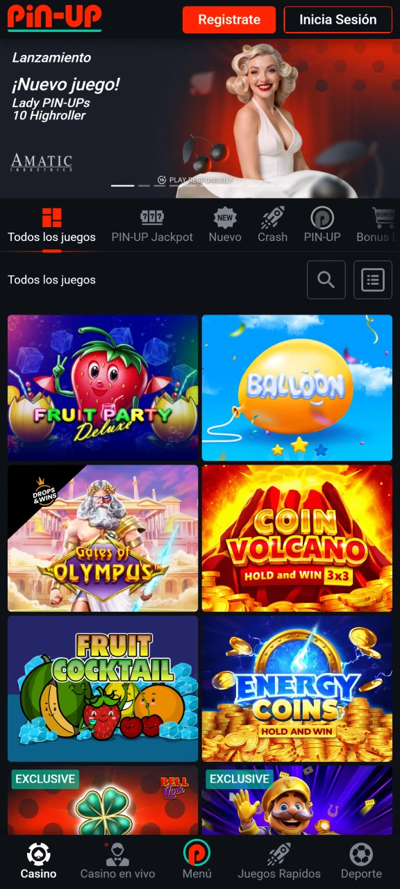 Empieza a jugar a una amplia gama de juegos de casino directamente desde la aplicación Pin-Up.