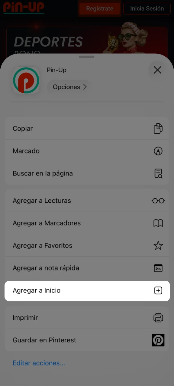 Añade el acceso directo Pin-Up a tu pantalla de inicio.