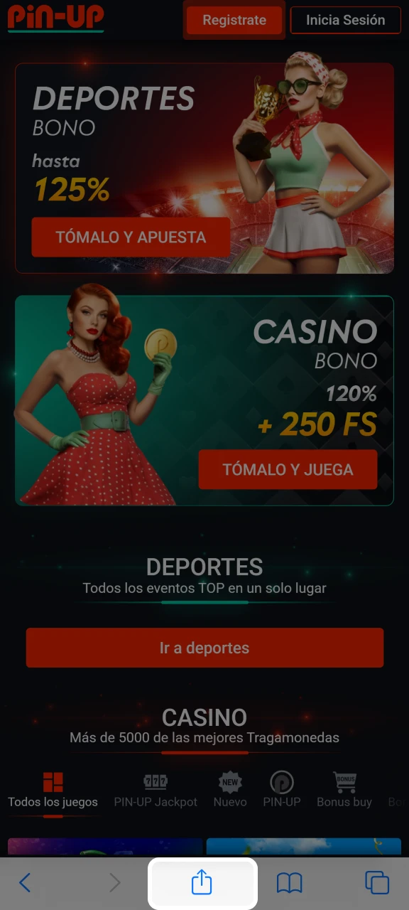 Haga clic en Compartir para abrir el menú del navegador y añadir el acceso directo a Pin-Up.