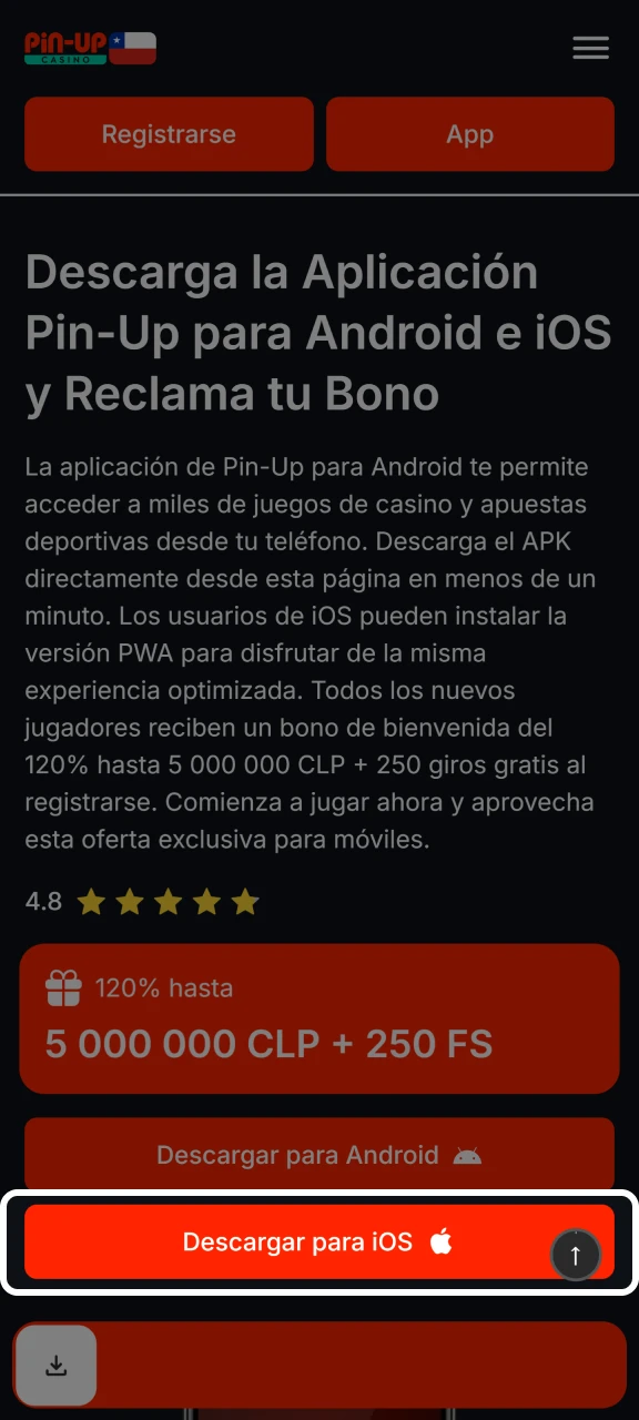 Haga clic en el botón Descargar para iOS para obtener Pin-Up para dispositivos iOS.