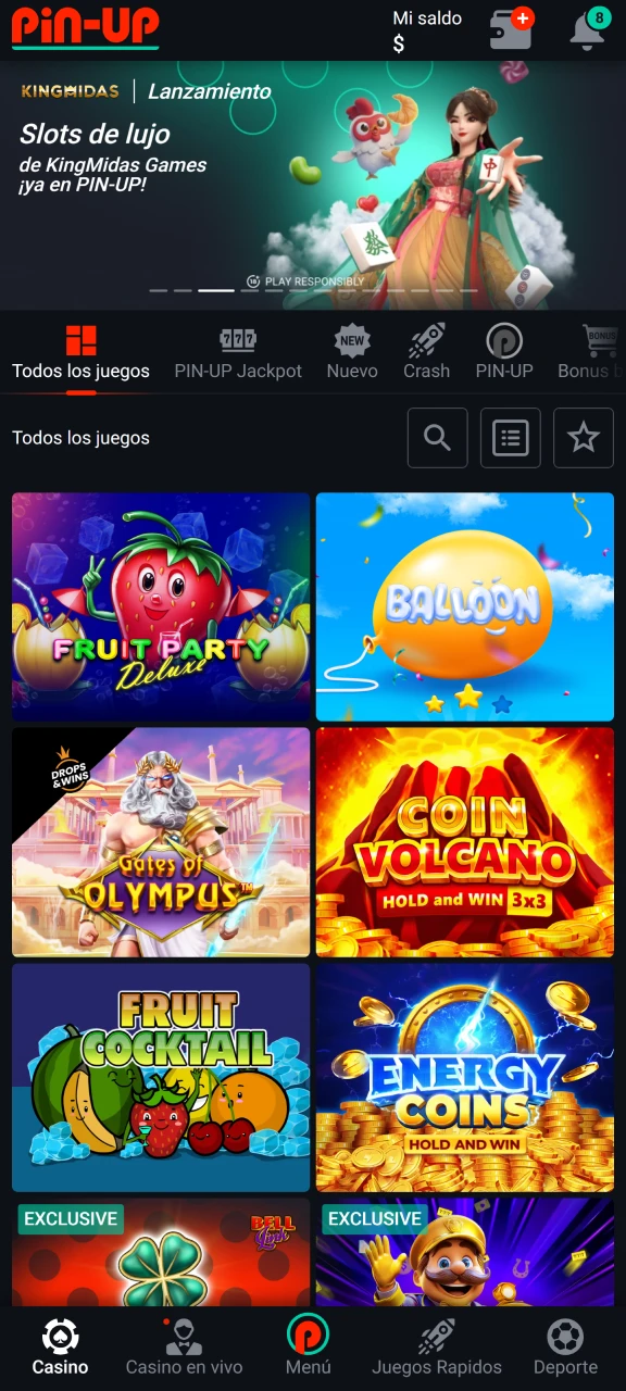 Abre la sección Casino en la plataforma oficial de Pin-Up.
