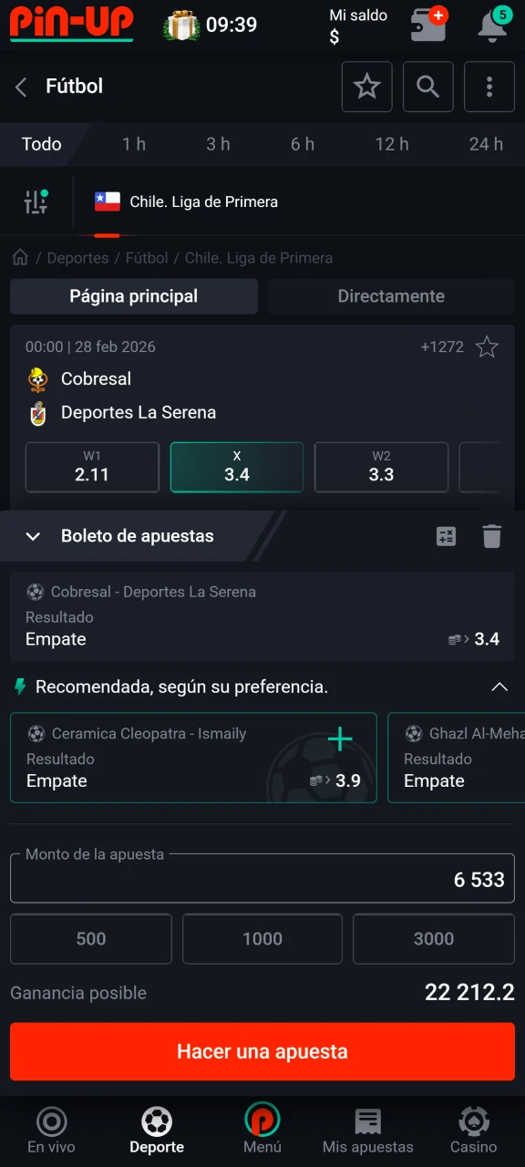 Elige tus cuotas en la página de apuestas Pin-Up.