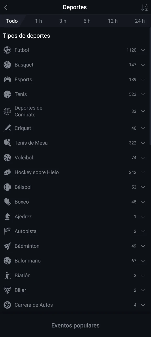 Elige tu deporte favorito de la lista de Pin-Up.