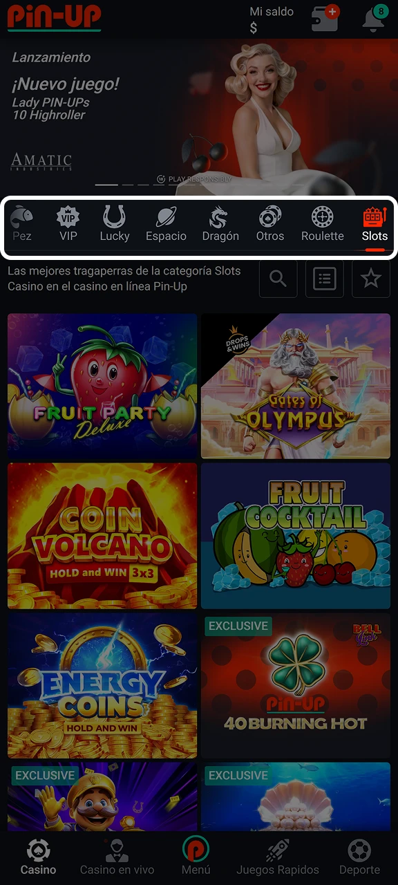 Selecciona un tipo de juegos de casino disponibles en Pin-Up.