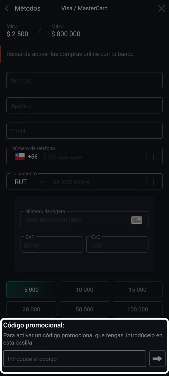 Introduce un código promocional en el campo especial de Pin-Up.