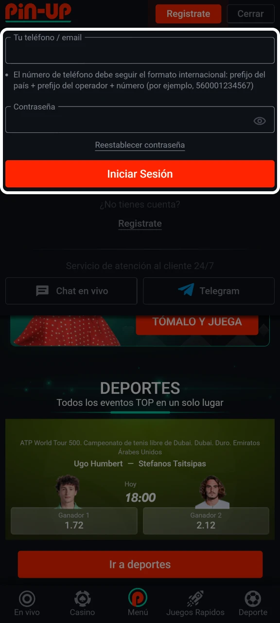 Inicie sesión en su cuenta Pin-Up con sus credenciales.