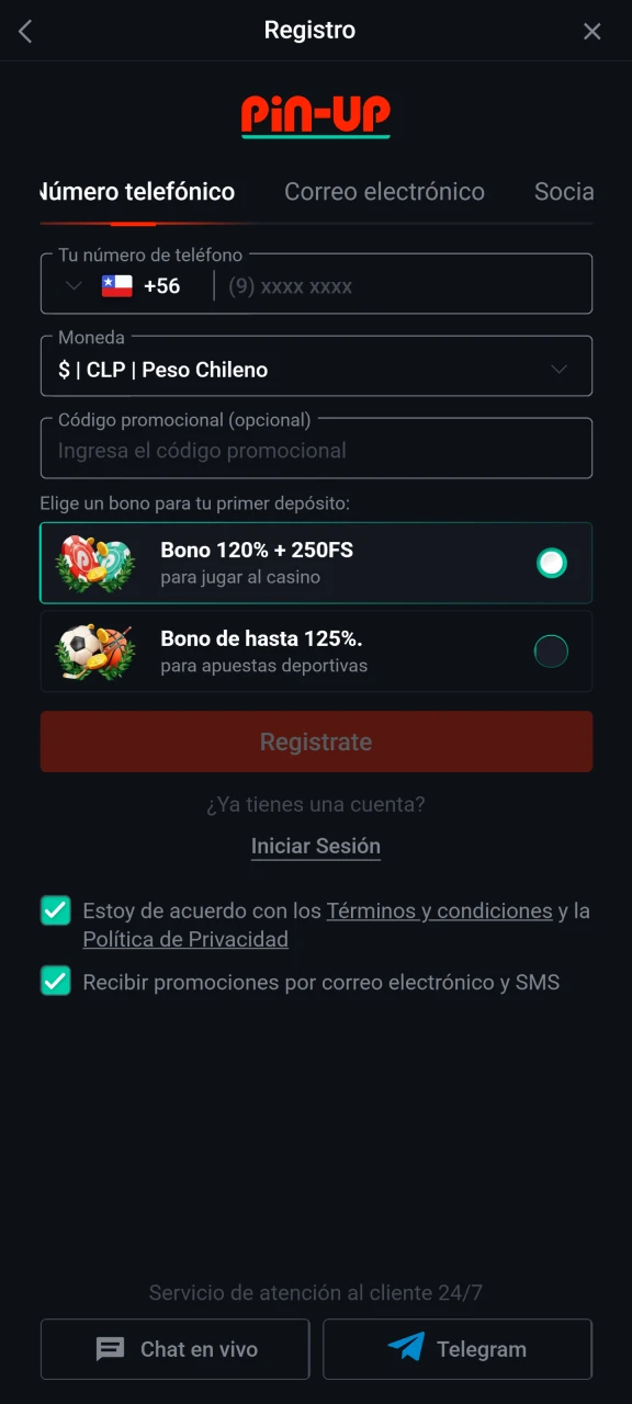 Introduce tus datos para registrarte en Pin-Up.