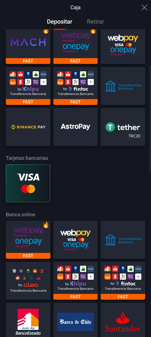 Elige el método que prefieras para realizar un depósito en tu cuenta Pin-Up.