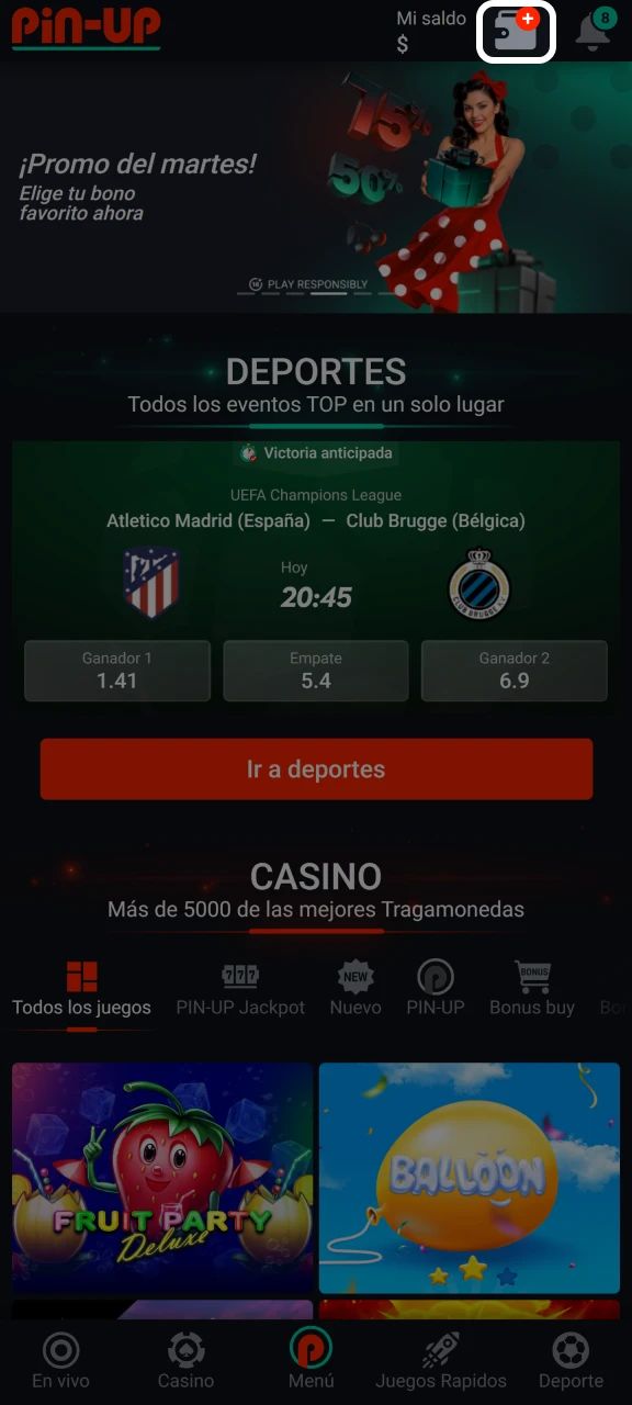 Haga clic en el icono Depósito para abrir la página de depósito de Pin-Up.