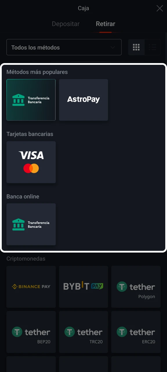Elige un método de retirada de la lista disponible en Pin-Up.