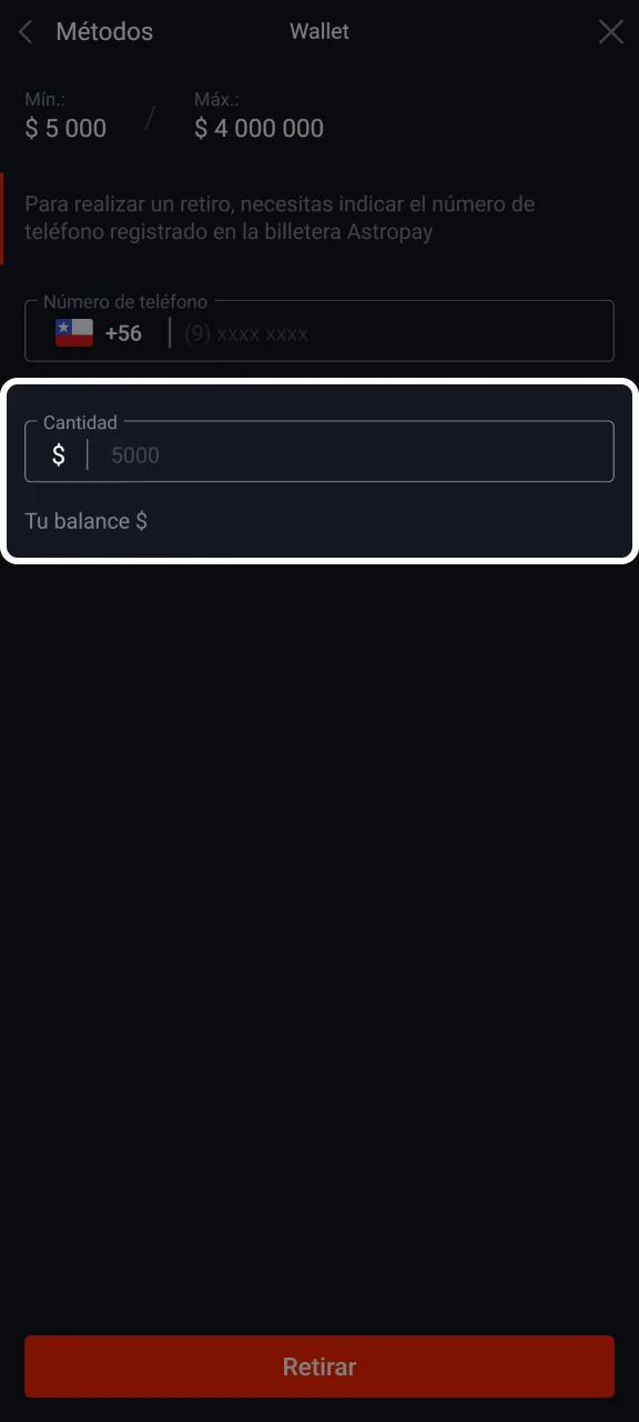 Introduce la cantidad que deseas retirar de Pin-Up.