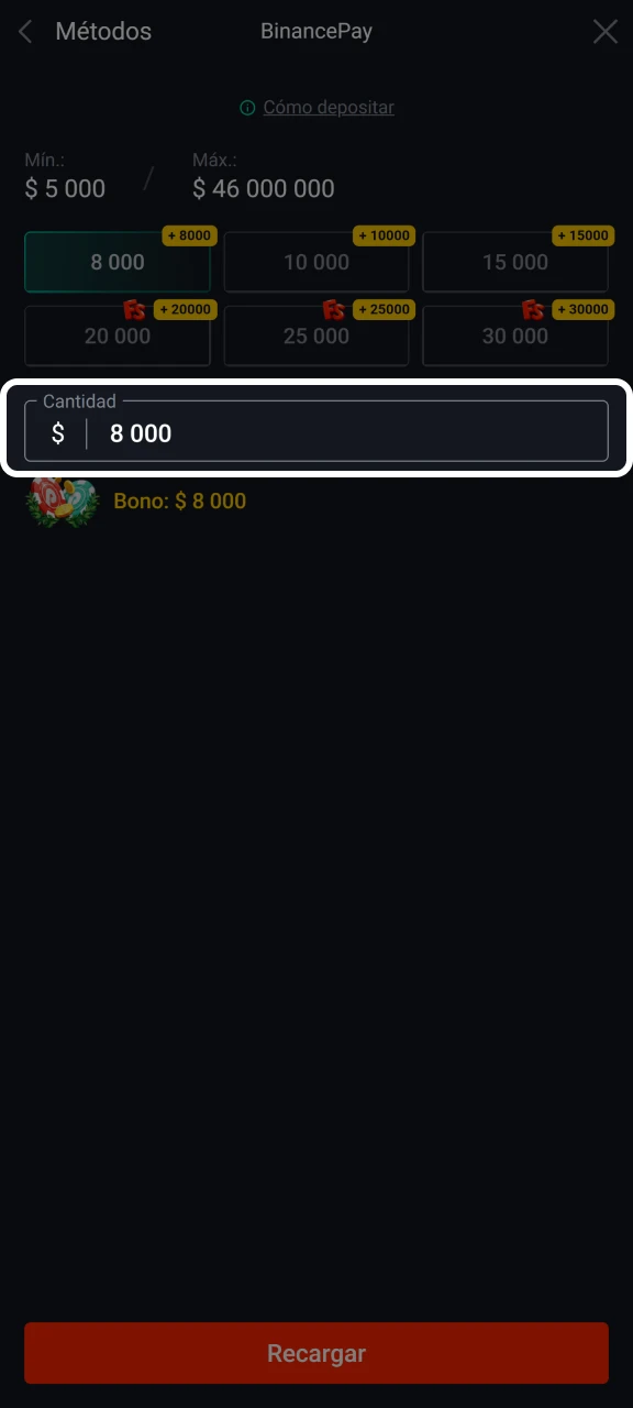 Añade el importe del depósito para recargar tu cuenta Pin-Up.