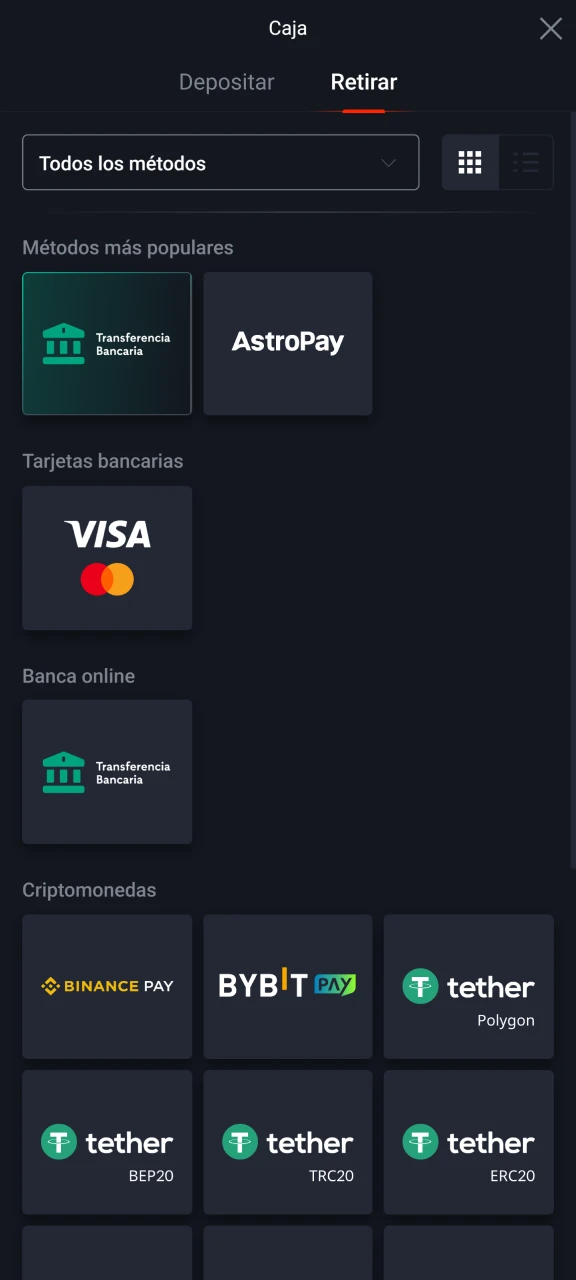 Abre la página de retiros en la plataforma Pin-Up.
