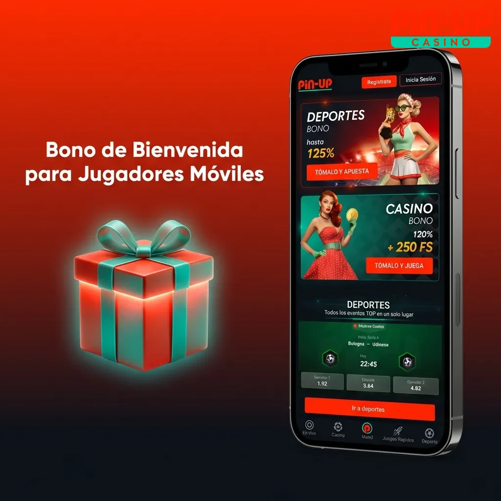 Bono de bienvenida 120% hasta 5.000.000 CLP más 250 giros gratis para nuevos usuarios de Pin-Up app móvil