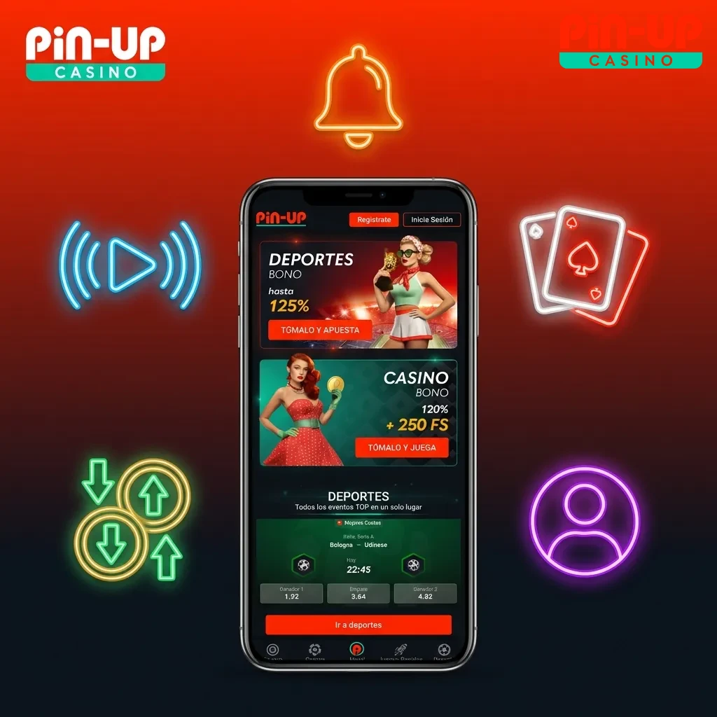 Pin-Up app notification settings screen showing push alerts for bonuses, bet results, and exclusive promotions