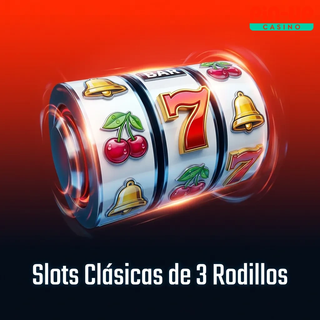 Máquina tragamonedas clásica de 3 rodillos con símbolos tradicionales de frutas, sietes y campanas estilo casino retro