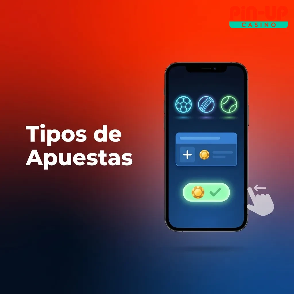 Diagrama mostrando tres tipos de apuestas en Pin-Up: Sencilla, Sistema y Acumulada con sus características principales