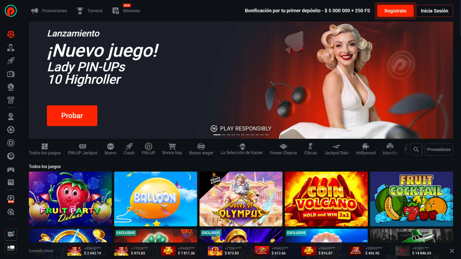 Elige tragamonedas, ruleta y juegos de mesa en la sección de casino de Pin-Up.