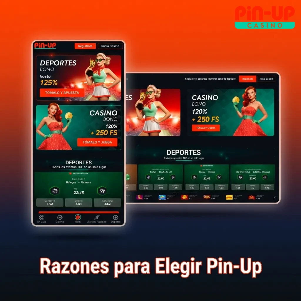 Pin-Up platform showing sports betting, casino games, and mobile apps with bonuses for Chilean users