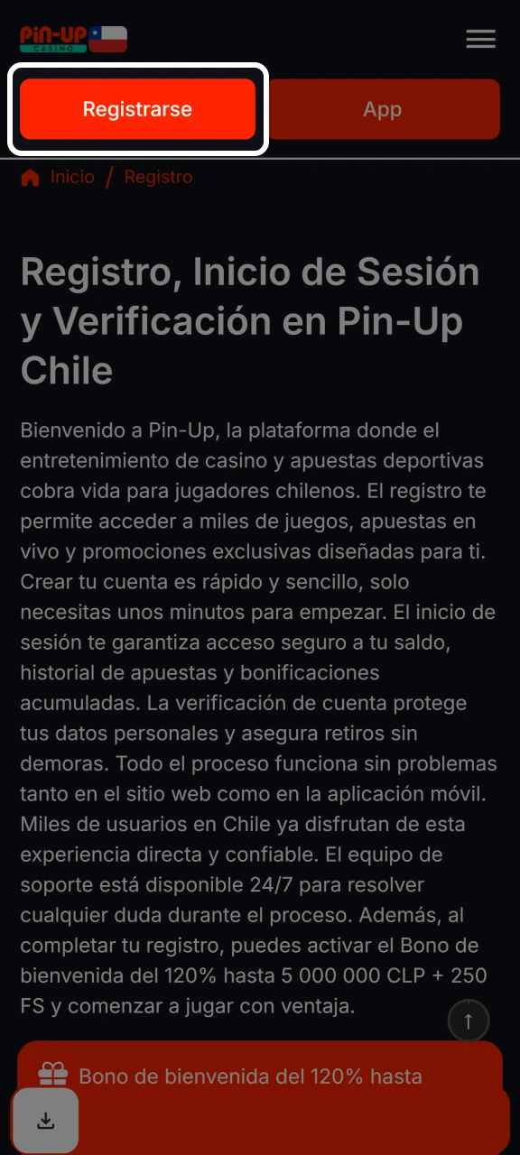 Haga clic en Registrarse para acceder al formulario de registro de Pin-Up.