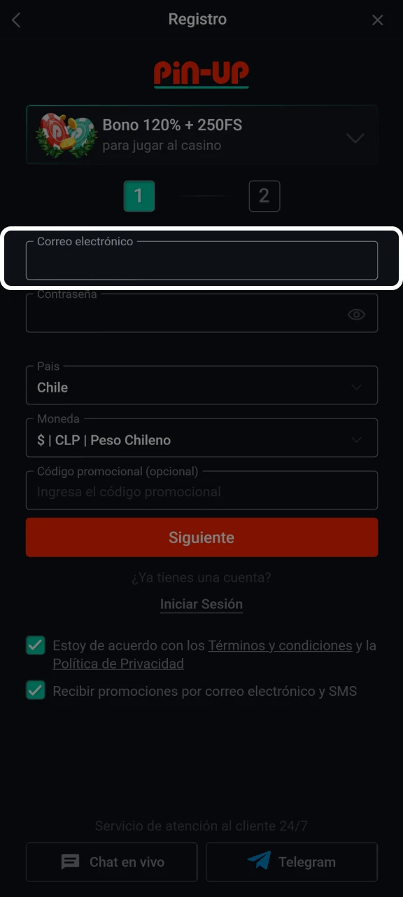 Introduce tu correo electrónico o número de teléfono para registrarte en Pin-Up.