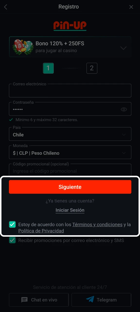 Finaliza tu registro en el sitio web de Pin-Up.