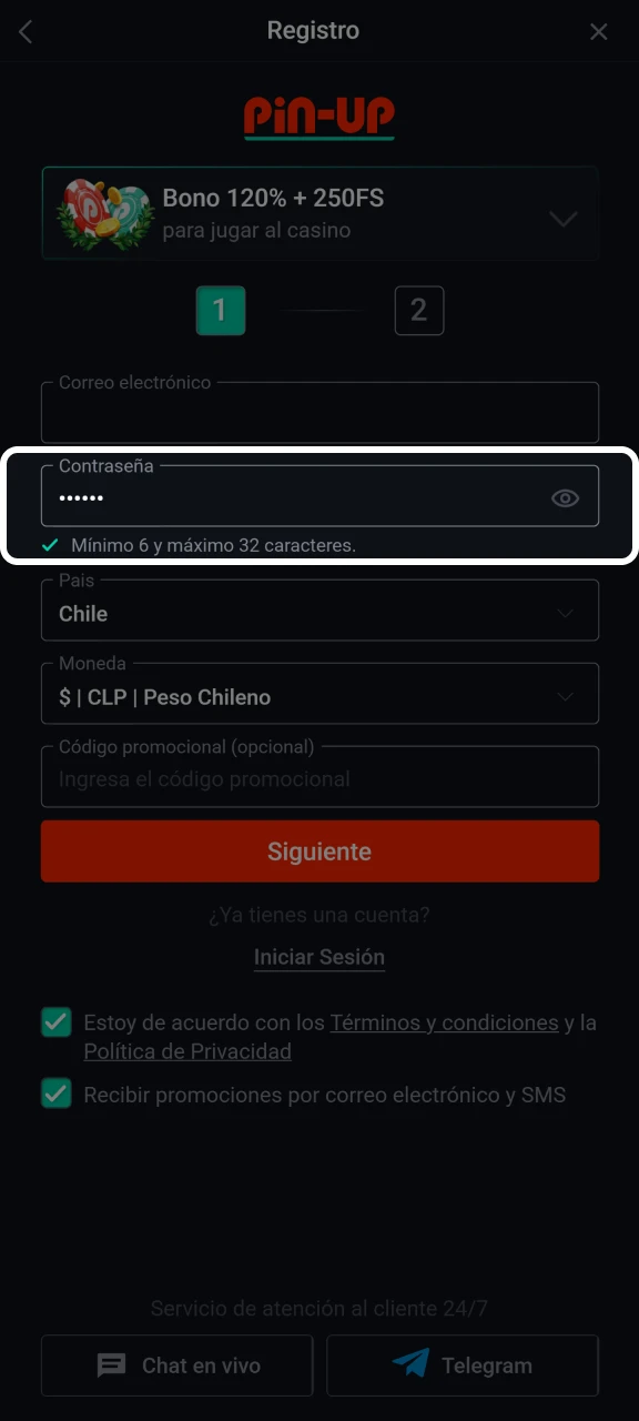 Piensa en una contraseña segura para tu cuenta de Pin-Up.