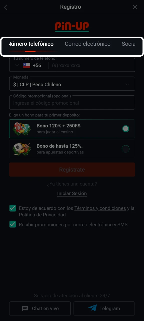 Elige el método de registro que te ofrece Pin-Up.