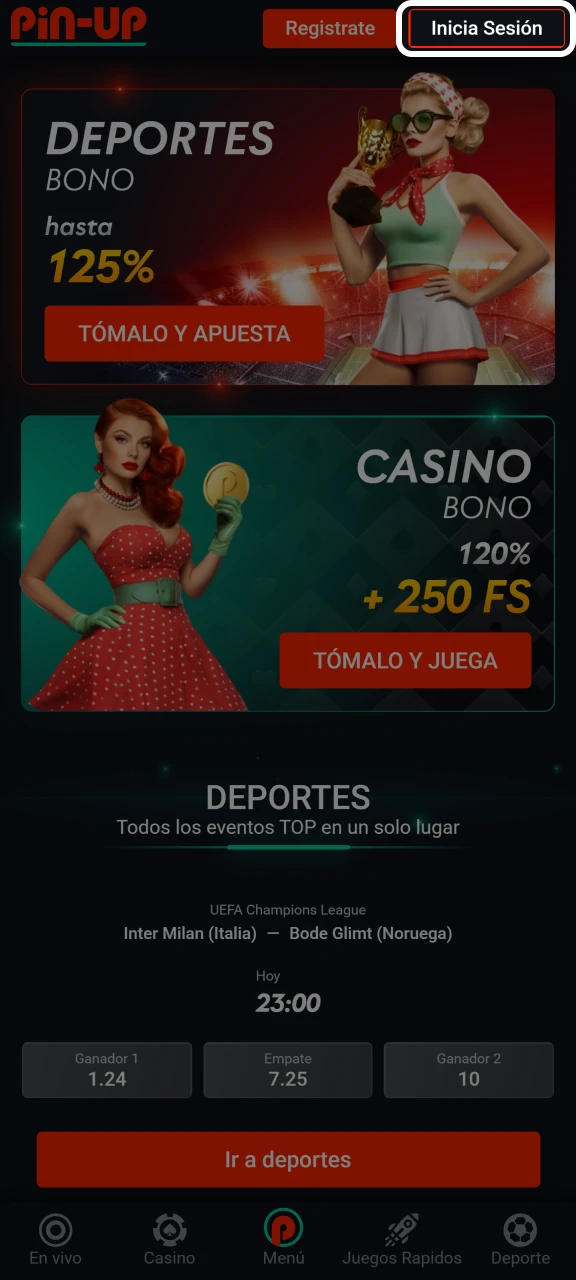 Haga clic en Iniciar sesión en el sitio web de Pin-Up.