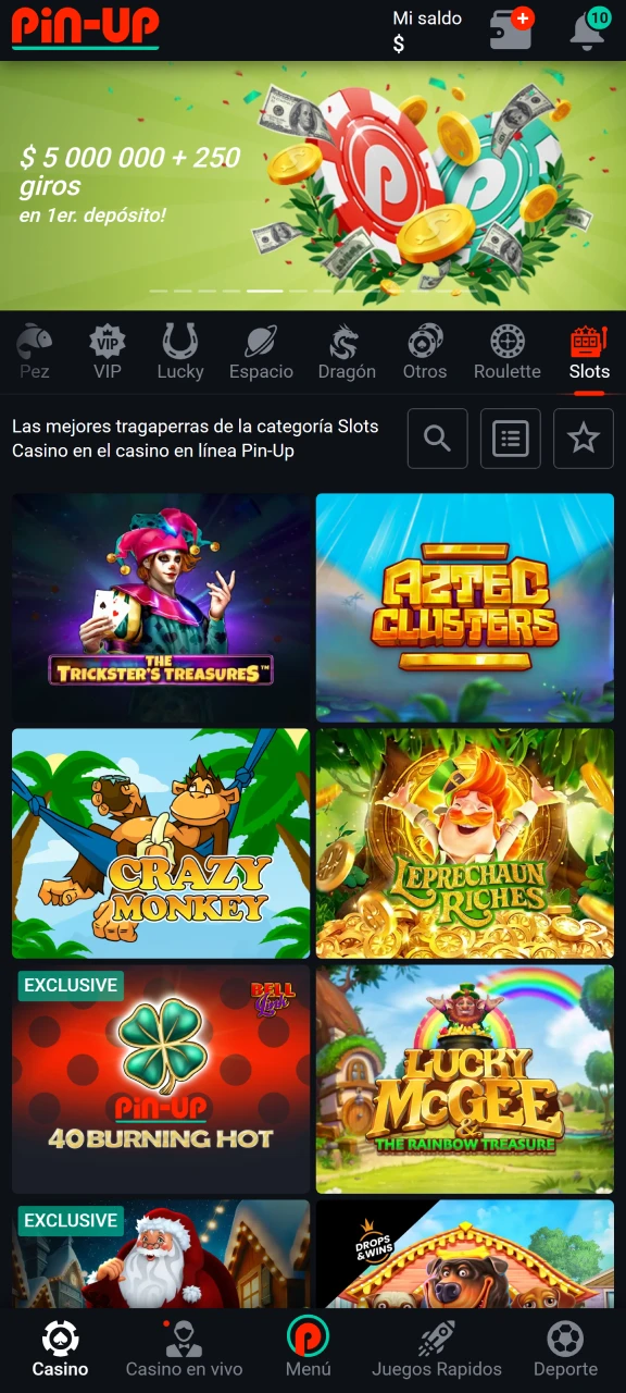 Abre el lobby de tragamonedas para elegir un juego en Pin-Up.